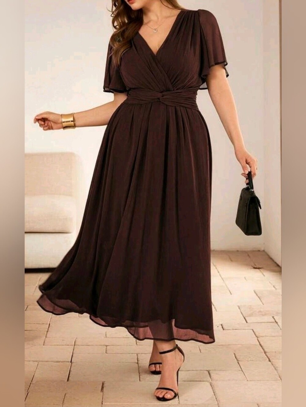 New Flowy Chiffon Flutter Sleeve Wrap Twist Long Dress PLUS Brown - Picture 2 of 9